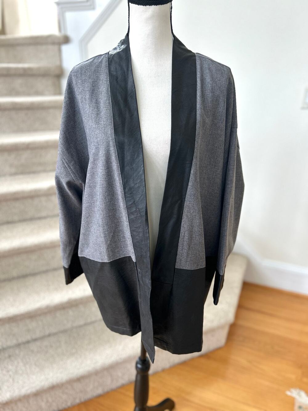 Natori Grey & Faux Leather Trim Open Kimono Cardigan